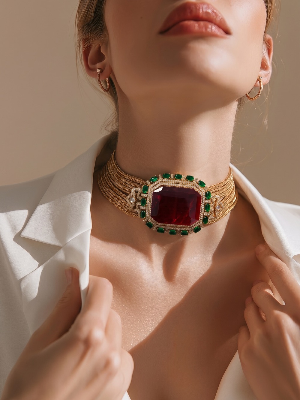 Elegant Gold Choker Necklace with Red and Green Gemstone Centerpiece